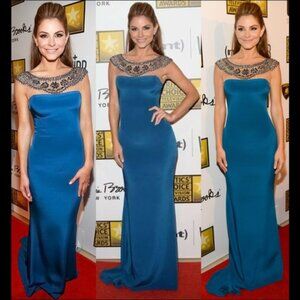 Rare Marchesa Notte silk illusion jewel embellished neckline column maxi gown